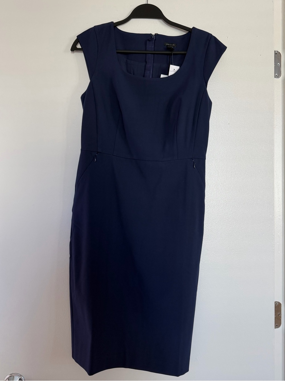 Ann Taylor Navy Cap-Sleeve Midi Sheath Dress